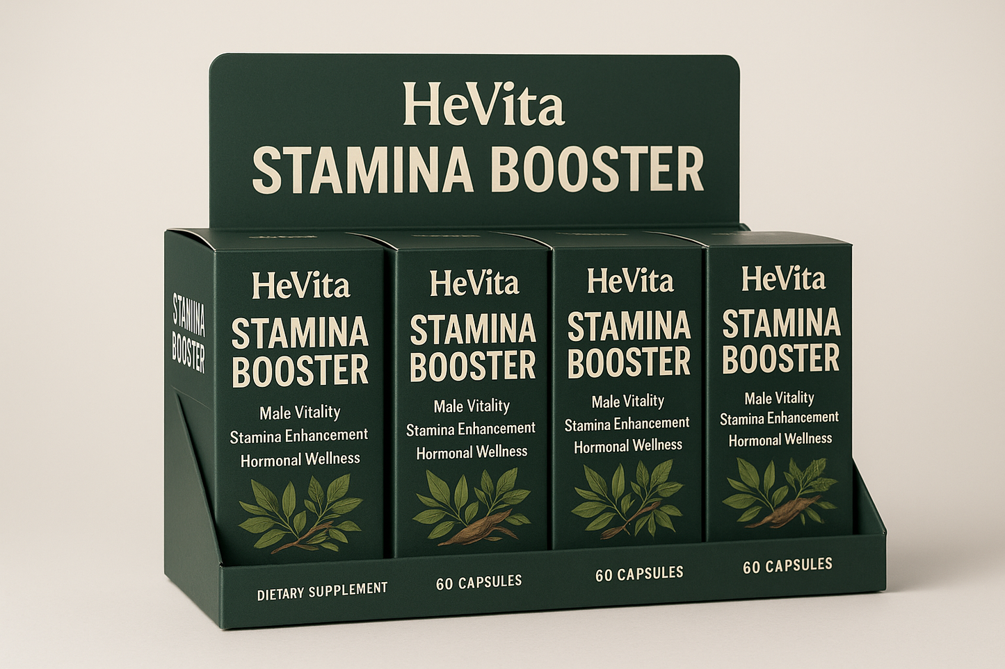 Simple Product Description

This image displays the HeVita Stamina Booster packaging, arranged in a retail-style display box. The product is designed for male vitality, stamina, and hormonal wellness, featuring powerful natural herbs.