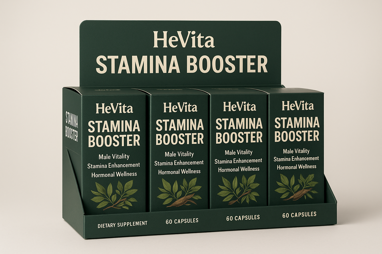 Simple Product Description

This image displays the HeVita Stamina Booster packaging, arranged in a retail-style display box. The product is designed for male vitality, stamina, and hormonal wellness, featuring powerful natural herbs.