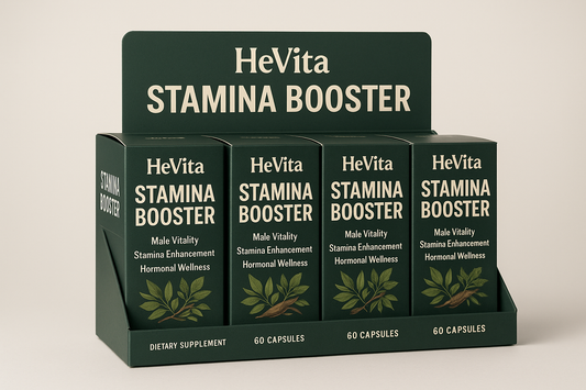 Simple Product Description

This image displays the HeVita Stamina Booster packaging, arranged in a retail-style display box. The product is designed for male vitality, stamina, and hormonal wellness, featuring powerful natural herbs.